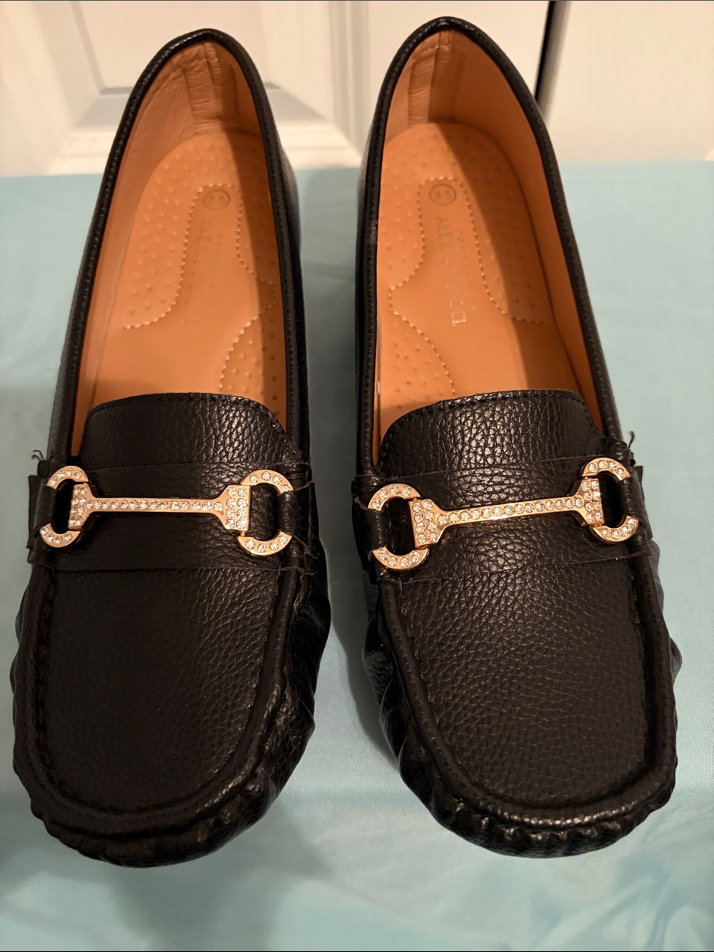 Black Leather Women's Loafers with Gold Crystal Bit